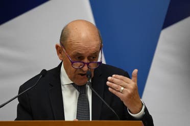 French European and Foreign Affairs Minister Jean-Yves Le Drian addresses a press conference with his Hungarian counterpart after their meeting in Budapest on September 10, 2021. (AFP)