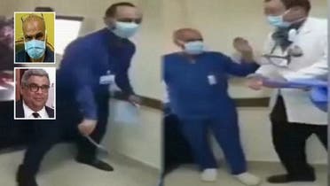 لقطة من الفيديو، وصورتان للطبيب وللممرض بكمامة