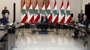 Lebanon's President Michel Aoun heads the new government's first cabinet meeting at the presidential palace in Baabda, Lebanon September 13, 2021. (Reuters)