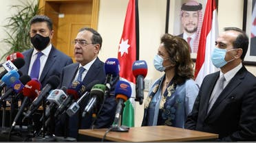 Egypt’s Minister of Petroleum and Mineral Resources Tarek El-Molla speaks during a press conference with Lebanese and Syrian officials in Amman, Sept. 8, 2021. (Reuters)