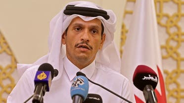 Qatari Foreign Minister Mohammed bin Abdulrahman al-Thani holds a joint press conference with his French counterpart (unseen) in Qatar's capital Doha, on September 13, 2021. (Karim Jaafar/AFP)