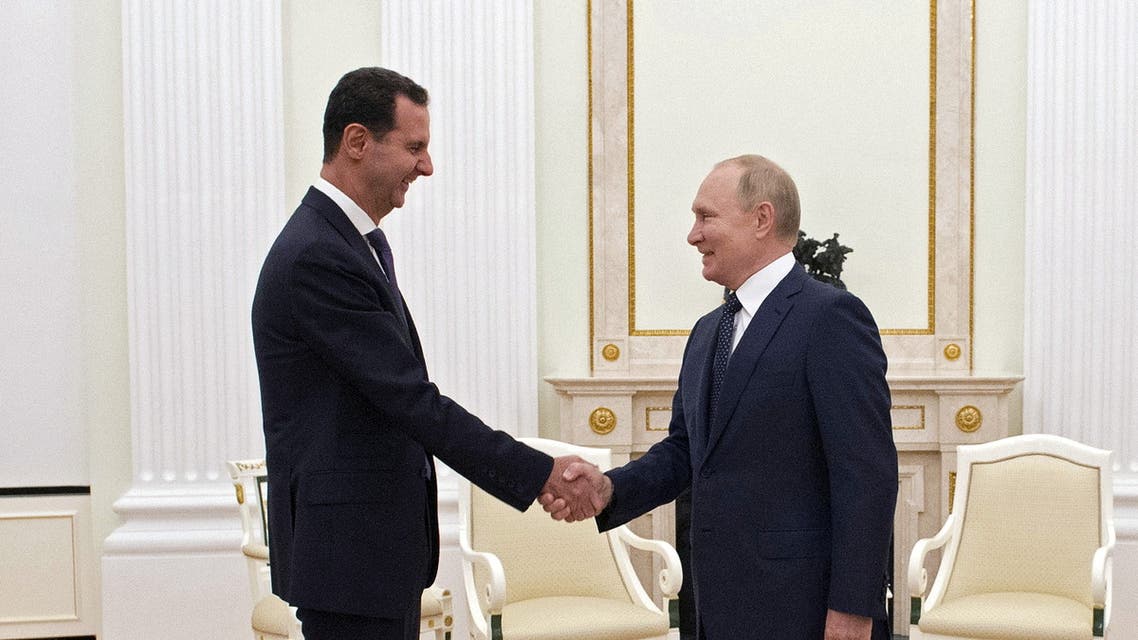 Russian President Vladimir Putin attends a meeting with Syrian President Bashar al-Assad at the Kremlin in Moscow, Russia, September 13, 2021. Picture taken September 13, 2021. (Reuters)