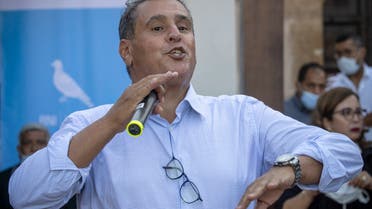 Aziz Akhannouch, the president of the national Rally of Independents (RNI), speaks during a campaign meeting in the Oudaya Kasbah in the capital of Rabat on September 2, 2021, ahead of Morocco's September 8 general elections. (AFP)