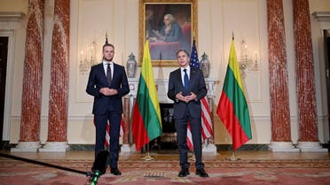 Secretary of State Antony Blinken next Lithuania's FM Gabrielius Landsbergis in Washington, Sept. 15, 2021. (Reuters)