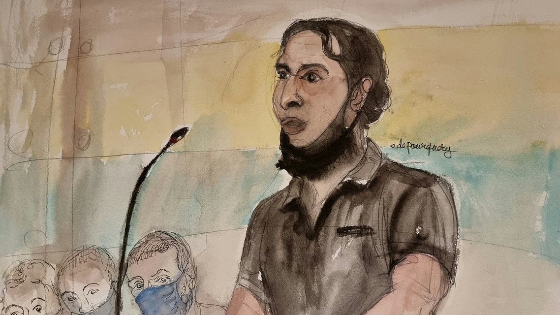 An artist's sketch shows Salah Abdeslam, one of the accused, who is widely-believed to be the only surviving member of the group suspected of carrying out the Paris' November 2015 attacks, on the first day of trial at the Paris courthouse on the Ile de la Cite in Paris, France, September 8, 2021. (Reuters)