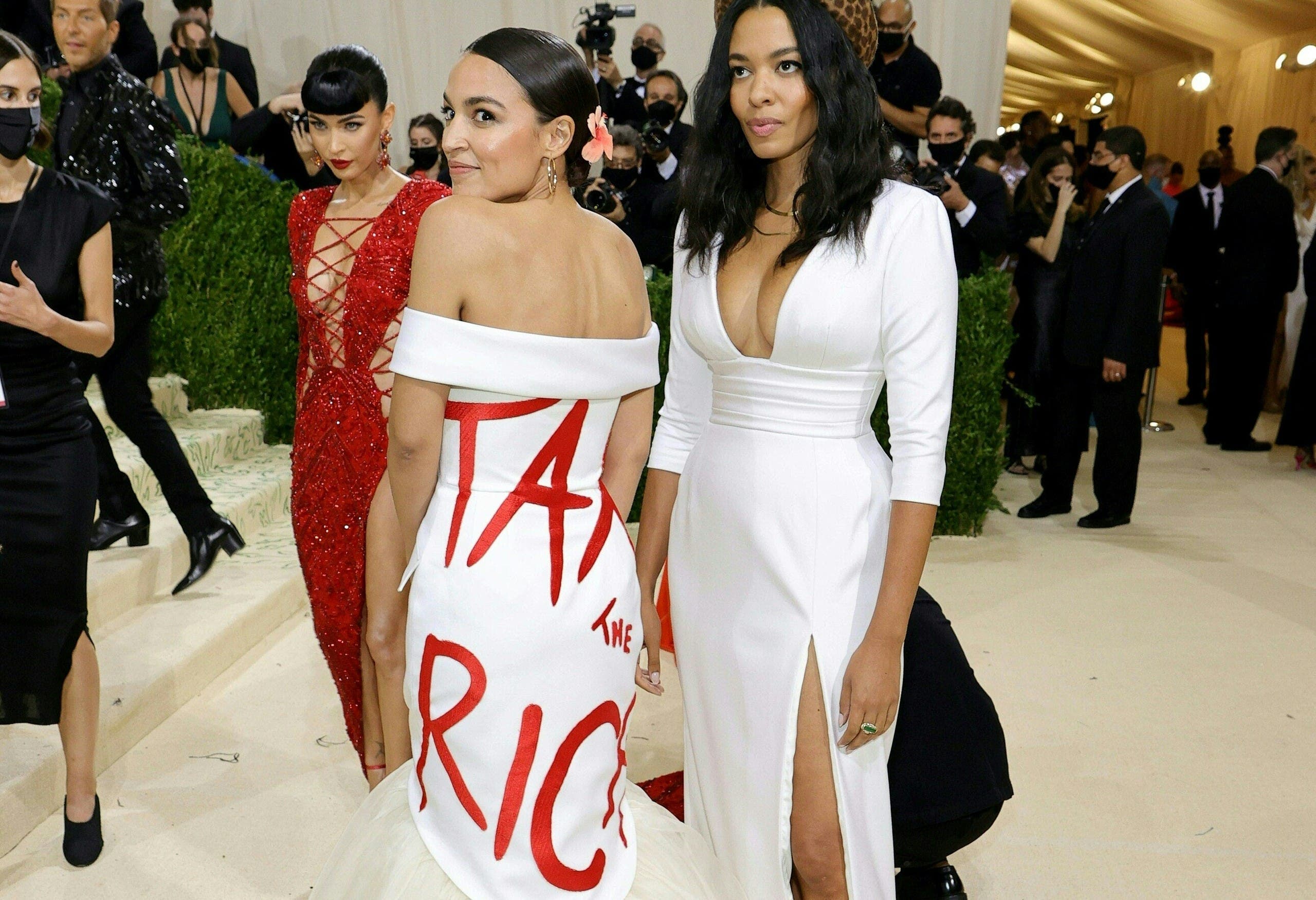 In this file photo taken on September 13, 2021 Alexandria Ocasio-Cortez and Aurora James attend The 2021 Met Gala Celebrating In America: A Lexicon Of Fashion at Metropolitan Museum of Artin New York City. (AFP)