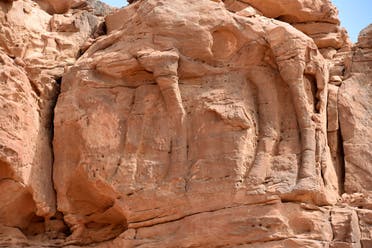 This file photo taken on February 22, 2018, the site of an archaeological discovery about eight kilomtres north of the city of Sakaka in Saudi Arabia's northwestern al-Jouf province, with a carved camel's body. (AFP)