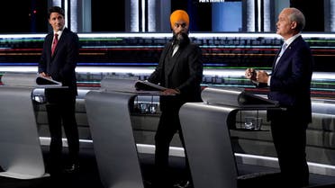 Liberal Leader Justin Trudeau, left to right, NDP Leader Jagmeet Singh, and Conservative Leader Erin O'Toole take part in the federal election English-language Leaders debate in Gatineau, Canada, September 9, 2021. (Reuters)