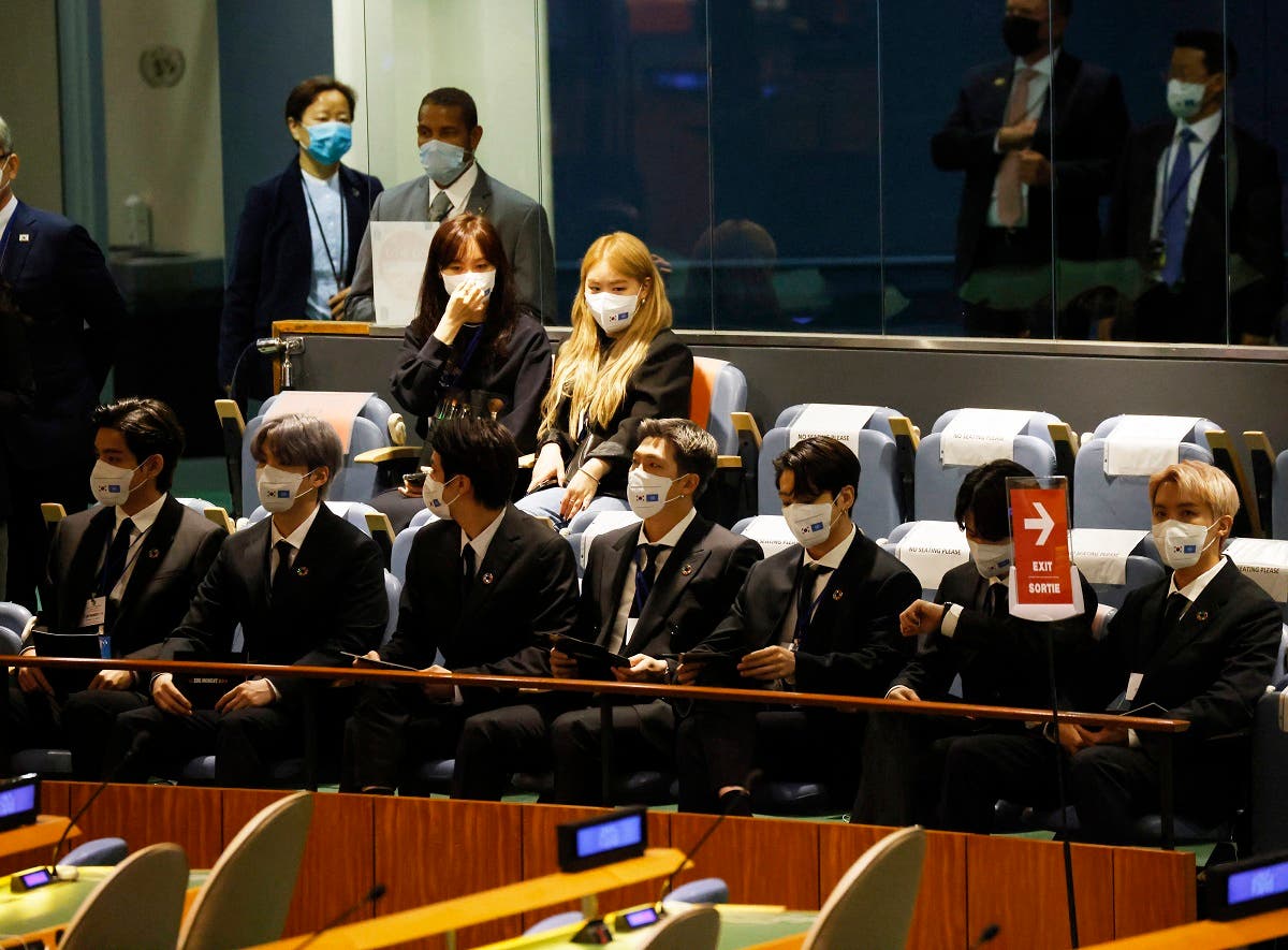 Members of the South Korean boy band BTS wear face masks before they take turns speaking at the SDG Moment event as part of the UN General Assembly 76th session General Debate in UN General Assembly Hall at the United Nations Headquarters, September 20, 2021 in New York City. (John Angelillo-Pool/Getty Images via AFP)