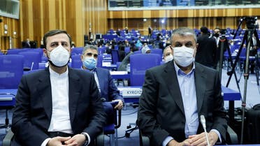 Iranian Atomic Energy Agency (IAEA) Chief Mohammad Eslami and Iran's ambassador to the IAEA Kazem Gharibabadi attend the opening of the IAEA General Conference at their headquarters in Vienna, Austria, September 20, 2021. (Reuters)