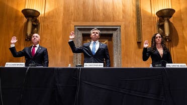 Secretary of Homeland Security Alejandro Mayorkas, FBI Director Chris Wray, and Director of the National Counterterrorism Center Christine Abizaid at a hearing to discuss security threats, Sept. 21, 2021. (Reuters)