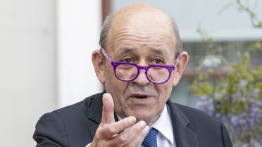 French Minister for Foreign Affairs Jean-Yves Le Drian speaks during a joint press conference at Farmleigh House and Estate in Dublin on May 20, 2021. (AFP)