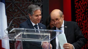 U.S. Secretary of State Antony Blinken and French Foreign Minister Jean-Yves Le Drian deliver remarks at the installation of a model of the Statue of Liberty at the French Ambassador?s residence in Washington D.C., U.S., July 14, 2021. (Reuters)