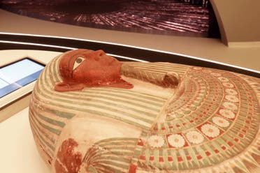 An ancient pharaonic coffin arrives at the Egypt Pavilion ahead of Dubai Expo 2020. (Supplied)