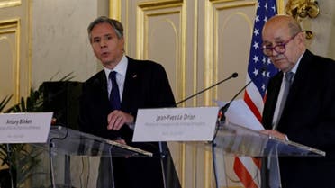 US Secretary of State Antony Blinken (L) and French Foreign Affairs Minister Jean-Yves Le Drian attend a joint press conference at the French Ministry of Foreign Affairs in Paris, on June 25, 2021. (AFP)