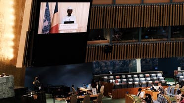 President of Chad Mahamat Idriss Déby Itno delivers a pre-recorded address at the UN General Assembly, Sept. 23, 2021. (AP)
