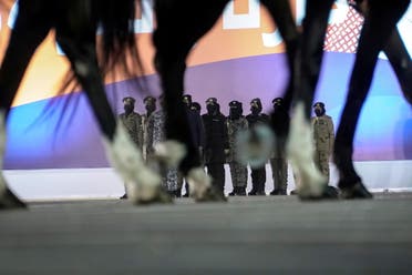 Members of a female military unit participate in a celebratory march past during the Saudi National Day celebrations in Riyadh, Saudi Arabia, September 23, 2021. (Reuters)