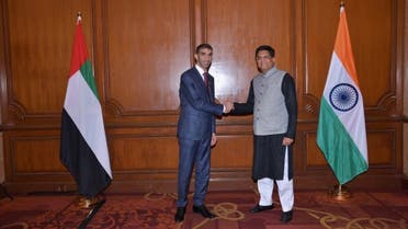 Dr. Thani bin Ahmed Al Zeyoudi, the UAE Minister of State for Foreign Trade, with Piyush Goyal, India’s Minister of Commerce and Industry, in New Delhi, India. (Courtesy: WAM)
