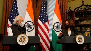 US VP Kamala Harris delivers remarks beside Indian PM Narendra Modi in Washington, Sept. 23, 2021. (Reuters)