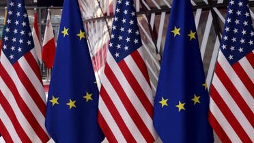 This pictures shows flags prior to an EU - US summit at the European Union headquarters in Brussels on June 15, 2021. (AFP)