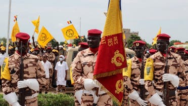 Soldiers of the Chadian army take part in a military parade to celebrate the 61th anniversary of the country's independence, in Ndjamena, on August 11, 2021. (AFP)