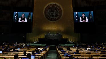 Prime Minister Imran Khan from the Islamic Republic of Pakistan addresses via a prerecorded video the General Debate during the 76th Session of the U.N. General Assembly at U.N. headquarters on September 24, 2021 in New York City. (AFP)