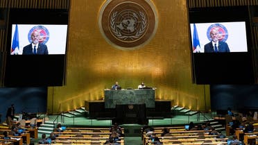 Haiti's Prime Minister Ariel Henry remotely addresses the 76th Session of the UN General Assembly by pre-recorded video, in New York City, U.S., September 25, 2021. (Reuters)