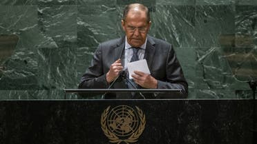 Foreign Minister of Russia Sergey Lavrov collects his notes after addressing the 76th Session of the U.N. General Assembly at U.N. headquarters on September 25, 2021 in New York City. (AFP)