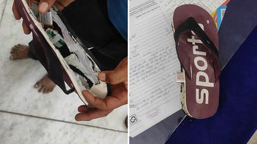 This combination created of photos taken on September 26, 2021, a man shows a flip-flop with concealed Bluetooth device (L) and a flip-flop with concealed Bluetooth device in Ajmer, India. (AFP)