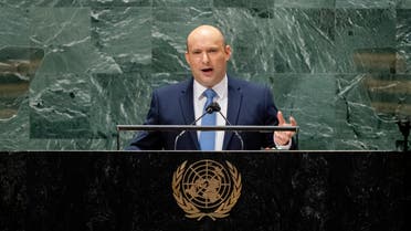 Israel’s prime minister Naftali Bennett addresses the 76th Session of the United Nations General Assembly, on September 27, 2021, at UN headquarters in New York. (AFP)