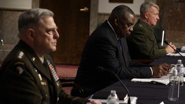 Secretary of Defense Lloyd Austin (C) Chairman of the Joint Chiefs of Staff Gen. Mark Milley (L) and CENTCOM Gen. Kenneth McKenzie (R) testify Sept. 28, 2021. (AFP)