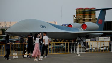 A China Aerospace Science and Technology Corporation's Cai Hong (Rainbow) 6 drone, better known by its designation CH-6, is seen a day before the 13th China International Aviation and Aerospace Exhibition in Zhuhai in southern China's Guangdong province on September 27, 2021.