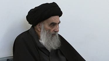 A handout picture provided by the Vatican media office shows top Shia cleric Grand Ayatollah Ali al-Sistani during a meeting with Pope Francis (unseen) in the Iraqi shrine city of Najaf, on March 6, 2021. (AFP)