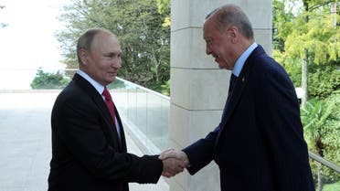 A handout picture taken and released on September 29, 2021 by the Turkish Presidential Press service shows Turkish President Recep Tayyip Erdogan (R) shaking hands with Russian President Vladimir Putin (L) ahead of their meeting in Sochi.