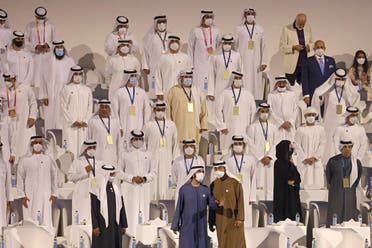 Sheikh Mohamed bin Rashid al-Maktoum, speaks with Sheikh Mohamed bin Zayed al-Nahyan during the opening ceremony of the Dubai Expo 2020, on September 30, 2021. (Karim Sahib/AFP)