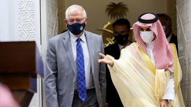 EU foreign policy chief Josep Borrell and Saudi Arabia's Foreign Minister Faisal bin Farhan Al-Saud arrive for a news conference in Riyadh, Saudi Arabia. (Reuters)