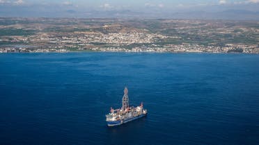 This picture taken on January 15, 2021 shows an aerial view of the drillship Tungsten Explorer used by the Total-Eni consortium, anchored at 5 nautical miles off the coast of the Cypriot town of Oroklini in the gulf of Larnaca.