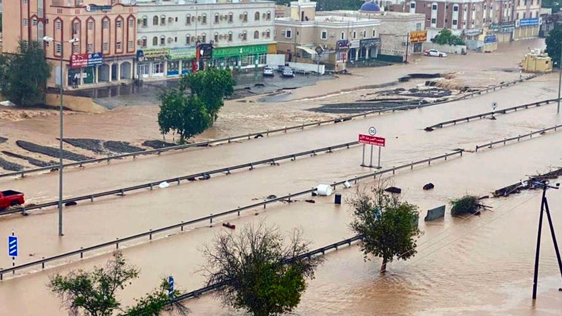 This photo released by Oman News Agency shows a flooded street of the Al Khaburah district after Cyclone Shaheen, in Oman, Monday, Oct. 4, 2021. (AP)