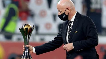 FIFA President Gianni Infantino with the Club World Cup trophy, Feb. 11, 2021. (Reuters)