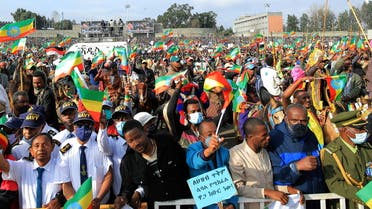 People attend a rally to support the National Defense Force and to condemn the expansion of the Tigray People Liberation Front (TPLF) fighters into Amhara and Afar regional territories at the Meskel Square in Addis Ababa, Ethiopia August 8, 2021. REUTERS/Tiksa Negeri