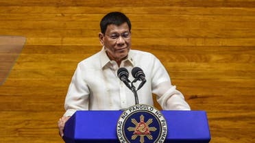Philippine President Rodrigo Duterte speaks during the annual state of the nation address at the House of Representatives in Manila on July 26, 2021. (AFP)