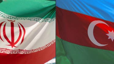 This combination of pictures created on October 5, 2021 shows (L to R) an Iranian flag fluttering outside of the UN headquarters during the opening of the International Atomic Energy Agency (IAEA) Board of Governors meeting at the IAEA headquarters in Vienna, Austria on September 10, 2018; and an Azerbaijani flag flying in the wind ahead of the Formula One Azerbaijan Grand Prix at the Baku City Circuit in Baku on June 3, 2021. Azerbaijan on October 5, 2021 closed a mosque linked to Iran's supreme leader, Iranian news agency Tasnim said following military maneuvers by the Iranian army near the border, a move criticised by Baku. JOE KLAMAR, OZAN KOSE / AFP