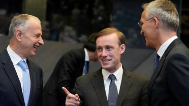 National Security Advisor Jake Sullivan next to NATO Secretary General Jens Stoltenberg and NATO Deputy Secretary General Mircea Geoana, Oct. 7, 2021. (Reuters)
