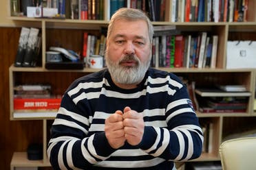 Novaya Gazeta editor Dmitry Muratov speaks during an interview with The Associated Press at the Novaya Gazeta newspaper, in Moscow, Russia, Thursday, Oct. 7, 2021. (AP/Alexander Zemlianichenko)