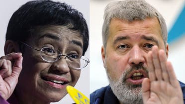 (COMBO) This file combination of pictures created on October 08, 2021, shows Maria Ressa (L), co-founder and CEO of the Philippines-based news website Rappler, speaking at the Human Rights Press Awards at the Foreign Correspondents Club of Hong Kong on on May 16, 2019 and Dmitry Muratov, editor-in-Chief of Russia's main opposition newspaper Novaya Gazeta gestures as he speaks during a news conference in Moscow, on December 11, 2012. The Nobel Peace Prize goes to journalists Maria Ressa (Philippines) and Russian Dmitry Muratov, the Nobel Peace Prize committee announced on October 8, 2021 in Oslo.