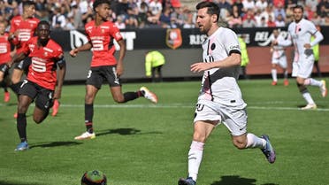 Paris Saint-Germain's Argentinian forward Lionel Messi runs with the ball during the French L1 football match between Stade Rennais (Rennes) and Paris Saint-Germain at the Roazhon Park in Rennes on October 3, 2021. (AFP)