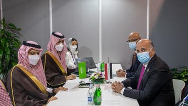 Saudi Arabia’s Foreign Minister Prince Faisal bin Farhan meets Iraq’s Foreign Minister Fuad Hussein. (SPA)