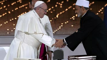 Pope Francis shakes hands with Grand Imam of al-Azhar Sheikh Ahmed al-Tayeb after signing a document on fighting extremism, during an inter-religious meeting at the Founder's Memorial in Abu Dhabi, United Arab Emirates, February 4, 2019. (File photo: Reuters)