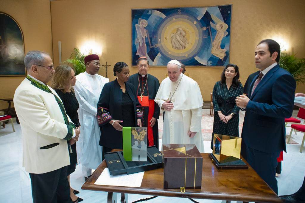 Pope Francis receives the trophy for the Zayed Award for Human Fraternity. (Supplied)