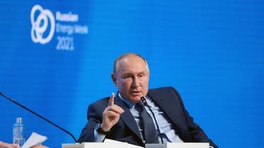 Russian President Vladimir Putin speaks during a plenary session of the Russian Energy Week International Forum in Moscow, Russia, on October 13, 2021. (Reuters)